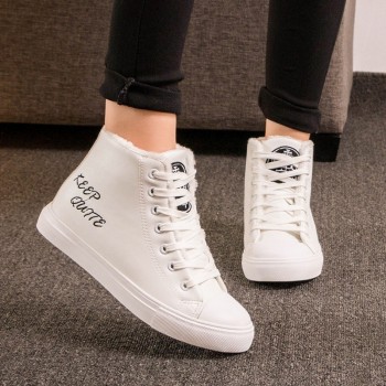 Warm Winter Sneakers PU Boots Lace Up Black White
